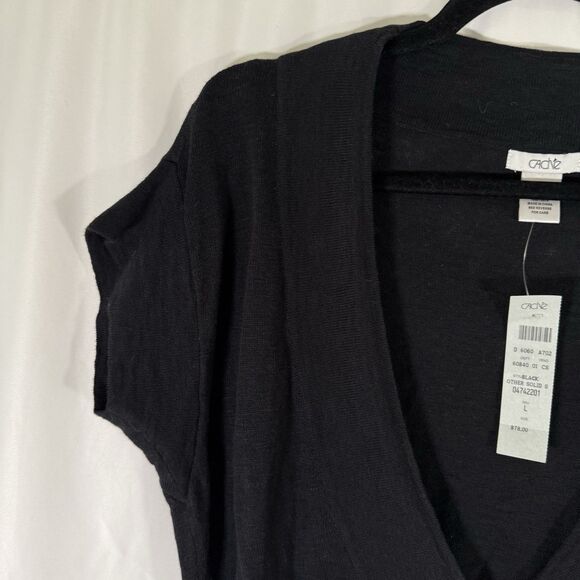 New Cache Sweater Women's Large Black V Neck Short Sleeve Flax Cotton $78 - Picture 2 of 6